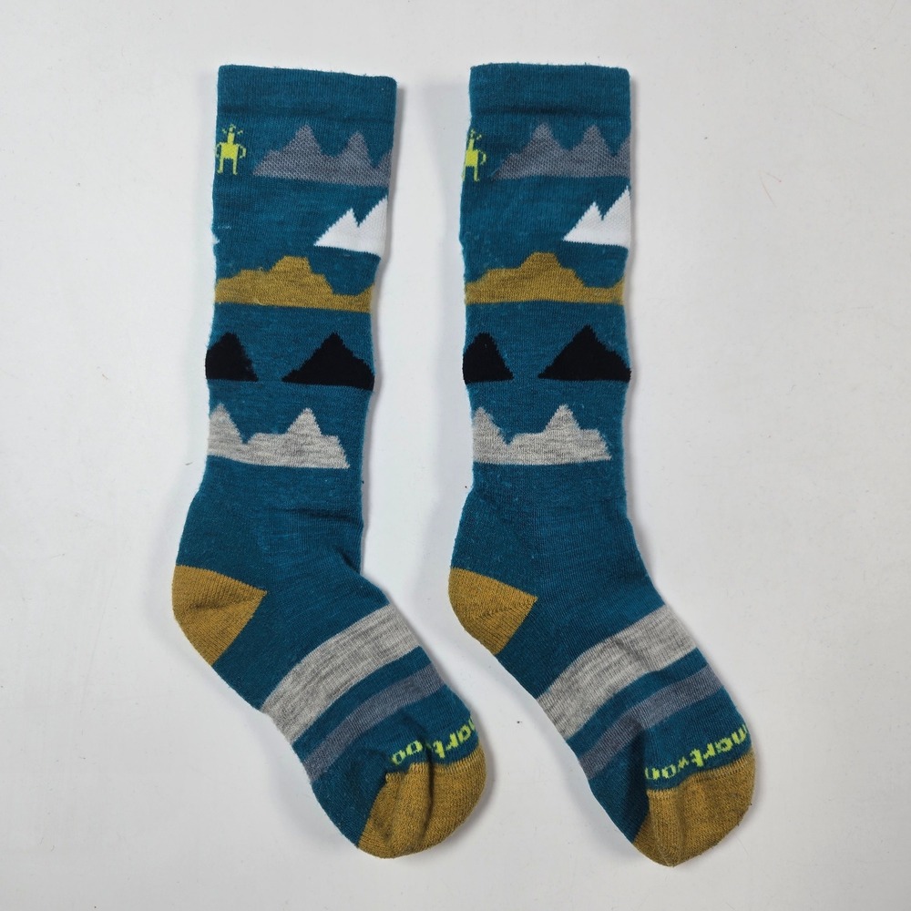 Smartwool Socks Kids Medium Blue Mountain Graphic Merino Wool Hiking Outdoor